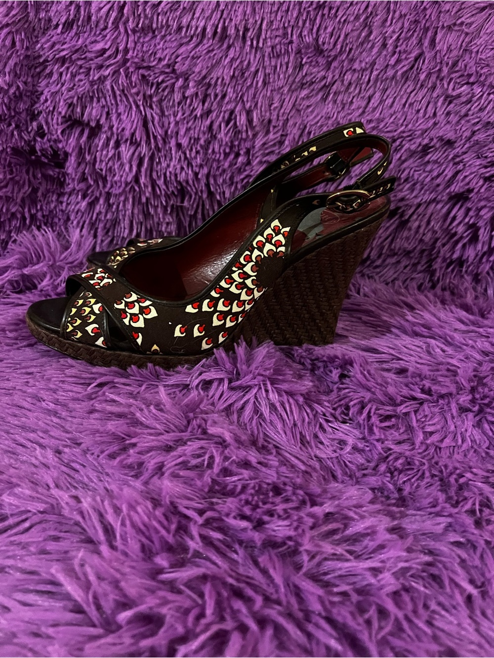 Brown Patterned Wedge Slingback Sandals